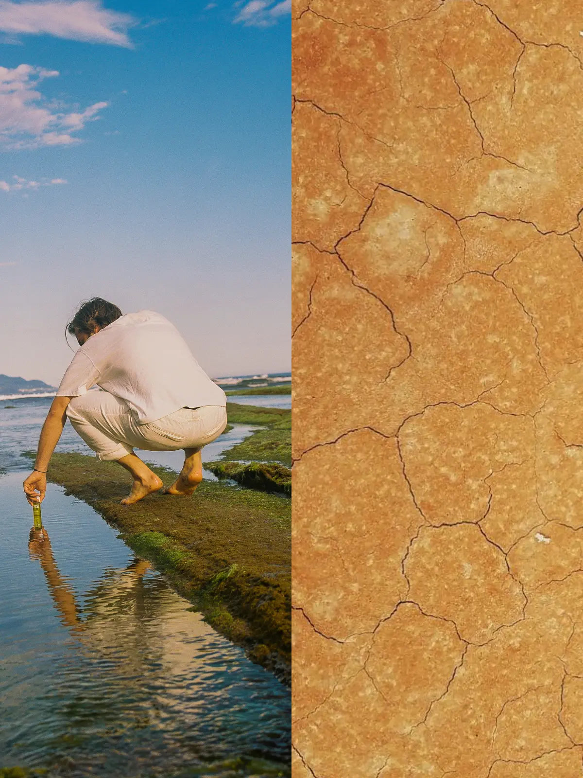 Deux images. La première un homme pose l'huile dans la mer. La deuxième une image de terre.