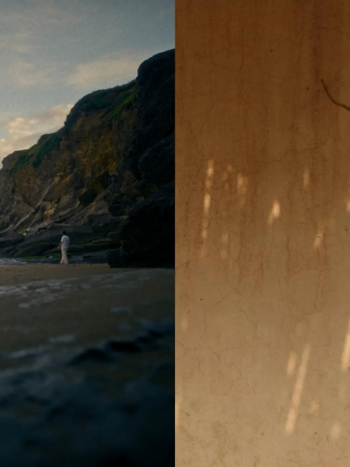 Double image. Première image avec homme marchant sur une plage avec des falaises. Deuxième image, une image d'ambiance orange.