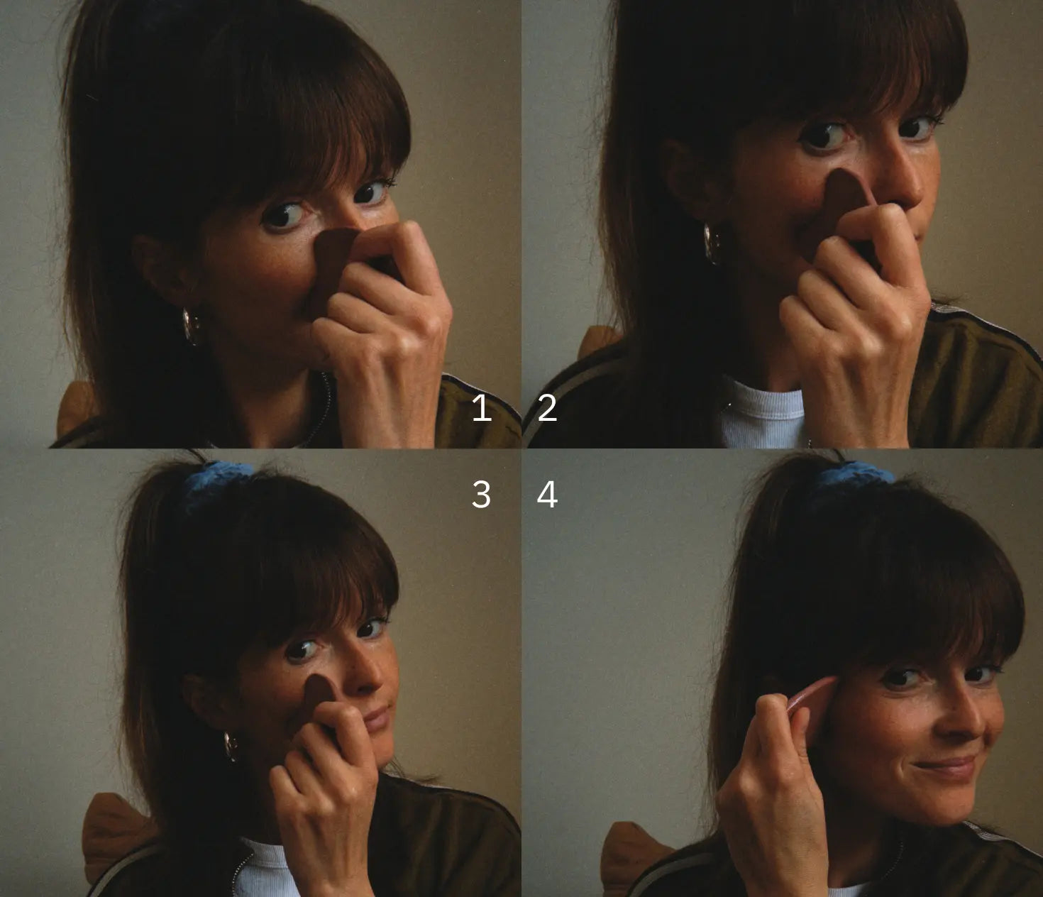 4 photos tuto d'un pour sculpter ses pommettes avec guasha